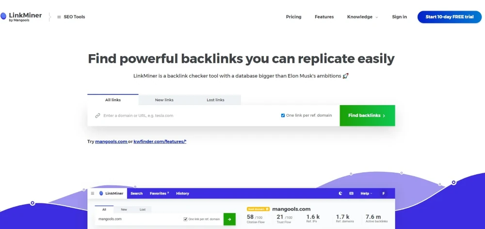 Best Free Backlink Software LinkMiner by Mangools (Free Trial)